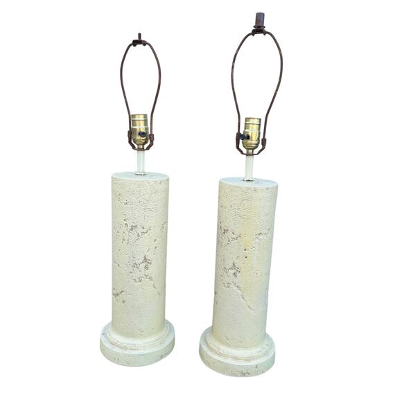 1980's Postmodern Boho Faux Coralstone Plaster Table Column Lamps Pair of 2 - Picture 1 of 8